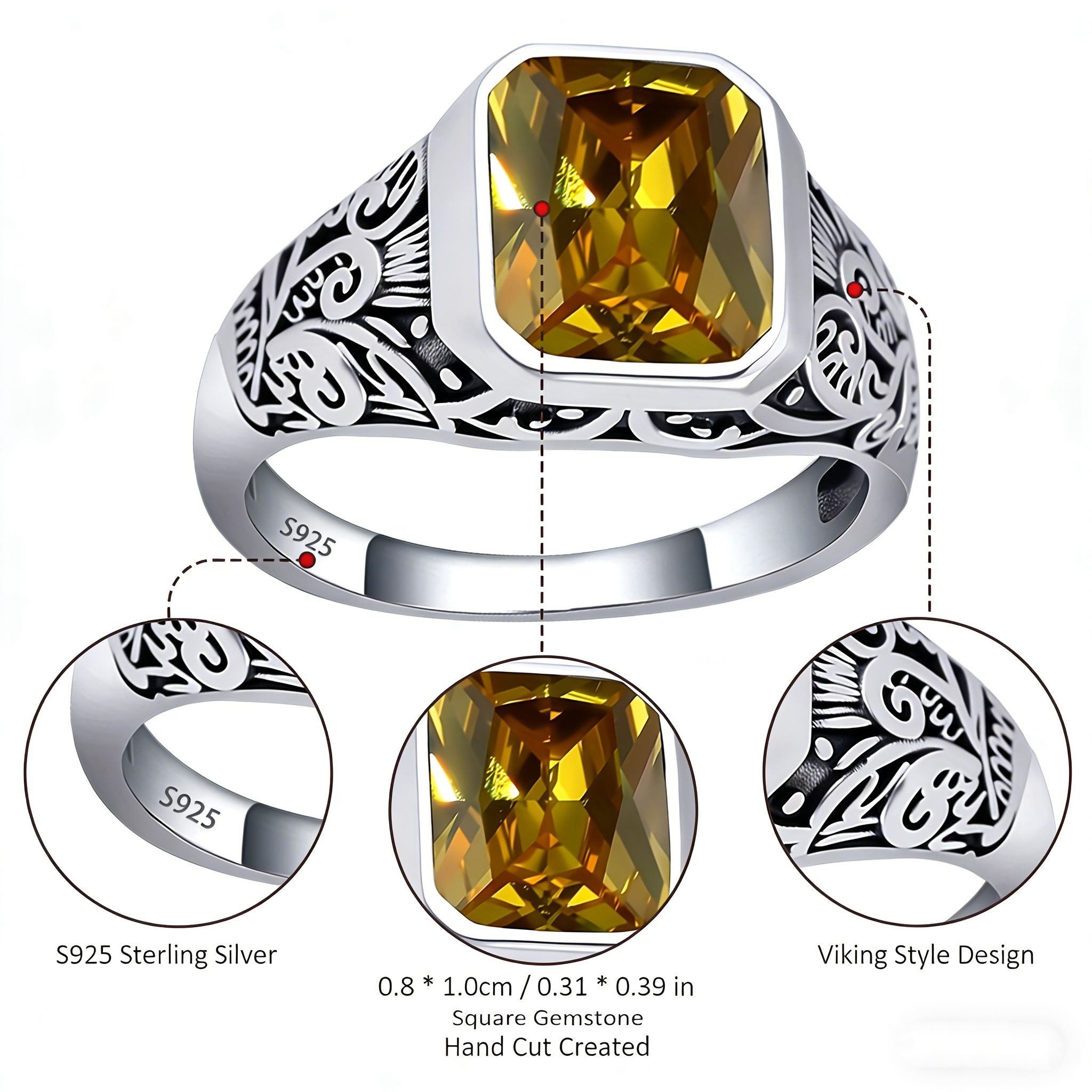 Men's Vintage Carved Square Geometric Ring in S925 Silver
